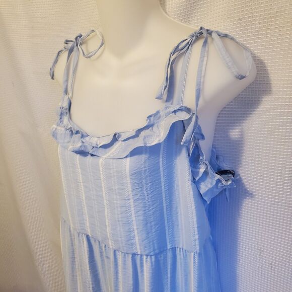 BCBG Paris Light Blue Crepe Midi Dress Size L Babydoll Summer Peasant Stripped - Picture 3 of 9
